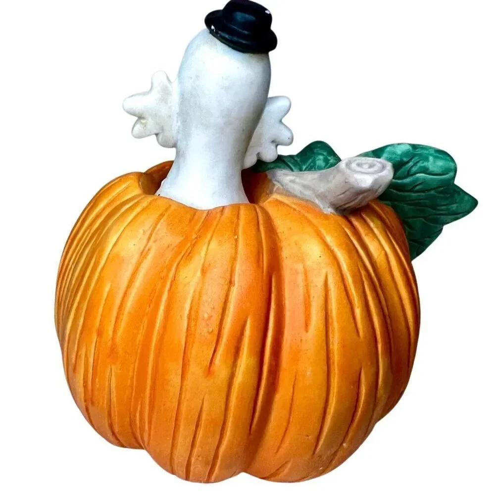 Halloween Lighted Pumpkin W Ghost Decor 1993 Hand Painted Porcelain Home Decor